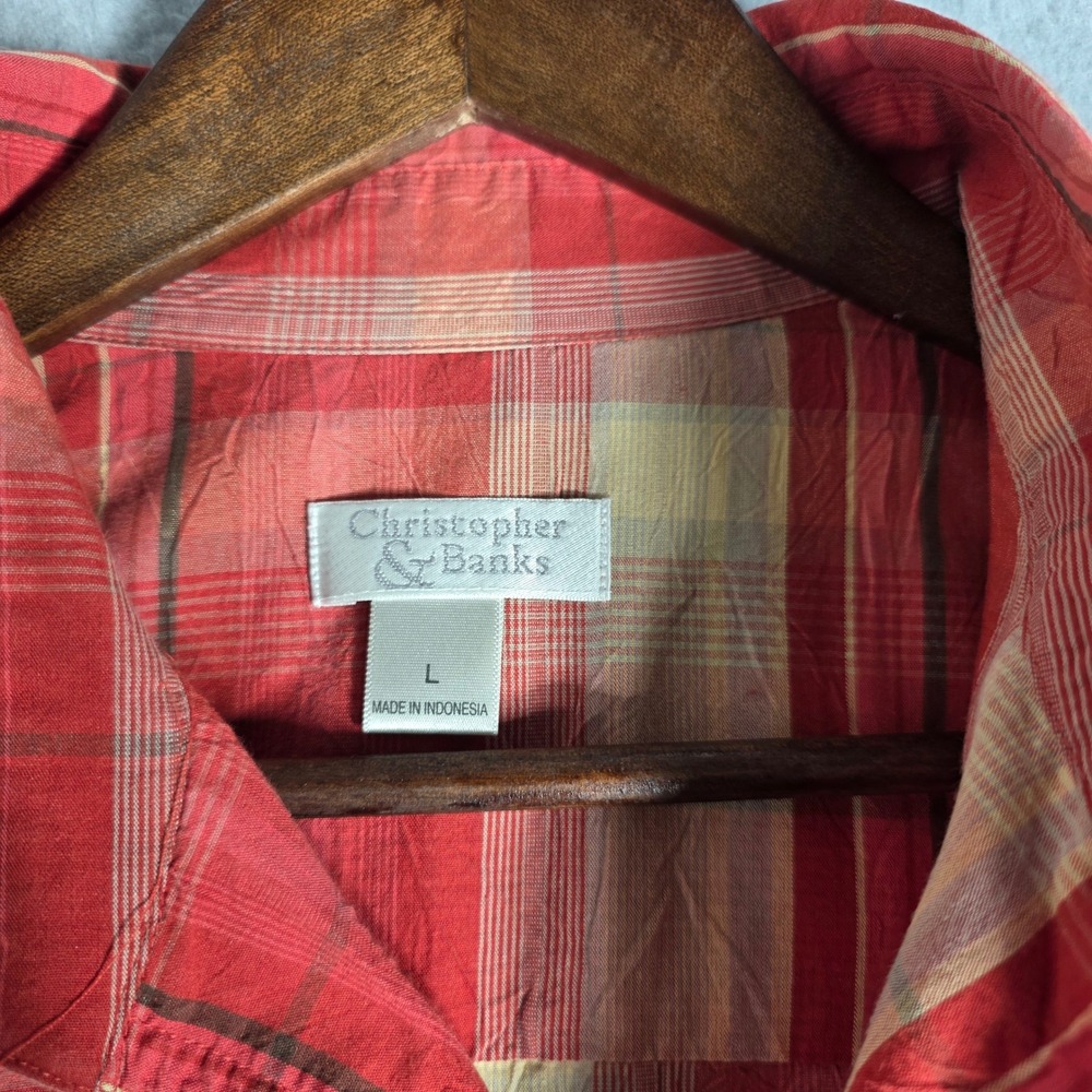 Christopher & Banks Plaid Button Down Shirt Womens L Red Long Sleeve Cotton